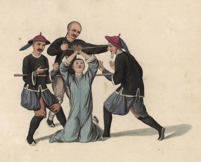 Пытка "музыкант", ломающая пальцы (лист 10 устрашающей работы "Китайские наказания", изданной в Лондоне в 1801 году)