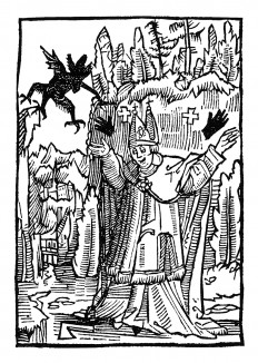Искушение Святого Вольфганга. Из "Жития Святого Вольфганга" (Das Leben S. Wolfgangs) неизвестного немецкого мастера. Издал Johann Weyssenburger, Ландсхут, 1515