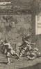 Поняв, что Сидрофел и Вэкум его обманули, рыцарь Гудибрас нападает на них и избивает. Иллюстрация к поэме «Гудибрас». Лондон, 1732