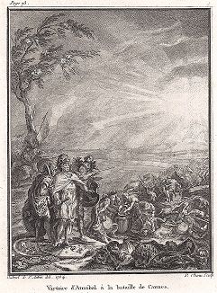 Победа Ганнибала в битве при Каннах. Лист из "Краткой истории Рима" (Abrege De L'Histoire Romaine), Париж, 1760-1765 годы