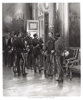 1883 год. Офицеры французской кавалерии на приёме у президента республики (из Types et uniformes. L'armée françáise par Éduard Detaille. Париж. 1889 год)
