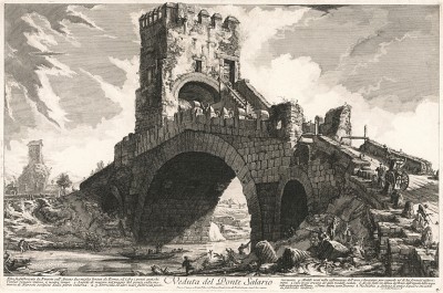 Гравюра Пиранези "Вид на мост Саларио". Veduta del Ponte Salario. Лист из серии "Vedute di Roma". 