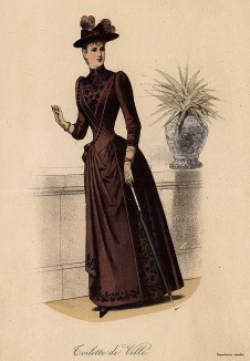 Дамский городской туалет цвета тёмного шоколада с изящной вышивкой. Из французского модного журнала Le Coquet, выпуск 251, 1889 год