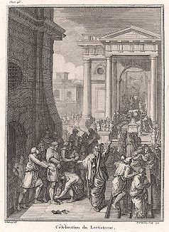 Празднование лектистерния. Лист из "Краткой истории Рима" (Abrege De L'Histoire Romaine), Париж, 1760-1765 годы