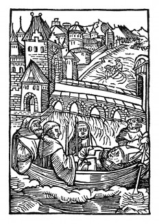 Тело усопшего Святого Вольфганга перевозят в Регенсбург. Из "Жития Святого Вольфганга" (Das Leben S. Wolfgangs) неизвестного немецкого мастера. Издал Johann Weyssenburger, Ландсхут, 1515 