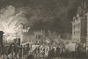 Пожар в караульных помещения на Новом мосту в Париже 29 августа 1788 г. Пожар произошел вследствие столкновений между людьми на улице и конными дозорами. В ответ на жесткость солдат народ поджигает казармы. Париж, 1804