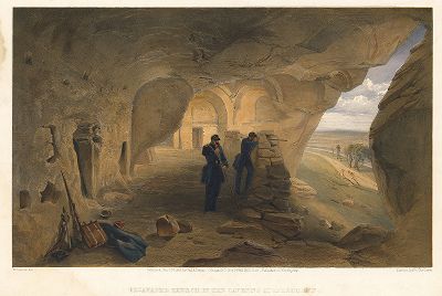 Снайперы в пещерной церкви близ Инкермана. The Seat of War in the East by William Simpson, Лондон, 1855 год. Часть I, лист 33