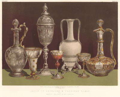 Этой посуды из цветного стекла не было бы, если бы не король Генрих III (1216-1272). Он ввёл в обиход стеклянные кубки и чаши, ибо в прозрачном кубке было легче заметить яд (Каталог Всемирной выставки в Лондоне. 1862 год. Том 1. Лист 87)