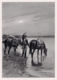 1812 год. Французский кирасир 2-го полка тяжёлой кавалерии поит лошадей на реке Неман (иллюстрация к известной работе "Кавалерия Наполеона", изданной в Париже в 1895 году)