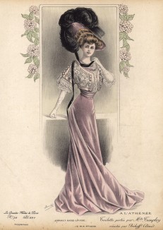 Платье цвета пепельной розы, корсет Мари-Луиз, шляпа, украшенная чёрным страусиным пером, - наряд из коллекции Bechoff-David (Les grandes modes de Paris за 1907 год).