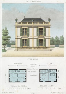 Эскиз загородного летнего дома с деревянными ставнями на окнах и балюстрадой, украшенной вазонами (из популярного у парижских архитекторов 1880-х Nouvelles maisons de campagne...)