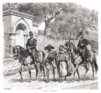 Жандармы французского экспедиционного корпуса в Северной Африке задержали пару нищих образца 1840 года (из Types et uniformes. L'armée françáise par Éduard Detaille. Париж. 1889 год)