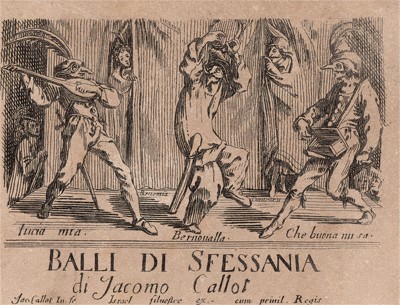 Фронтиспис к циклу офортов конца 19 века, выполненному по знаменитой серии работ "Balli Di Sfessania" (Танцы беззадых (бескостных)) известного французского гравёра и рисовальщика Жака Калло, в которой он изобразил персонажей итальянской "Комедии дель Арте