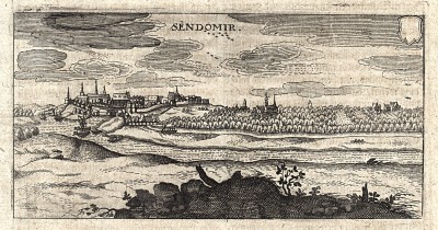 Вид на город Сандомир с высоты птичьего полета. Sendomir. Ксилография Фредерика ван Хульсиуса. Нюрнберг, 1632
