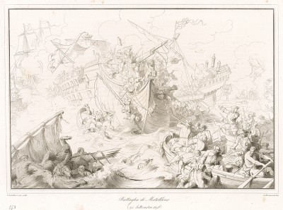 21 сентября 1698 г. Морское сражение венецианского и турецкого флотов при Метелино. Storia Veneta, л.143. Венеция, 1864