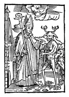 Увещевание беса Святым Вольфгангом. Из "Жития Святого Вольфганга" (Das Leben S. Wolfgangs) неизвестного немецкого мастера. Издал Johann Weyssenburger, Ландсхут, 1515