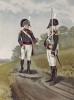 Офицер и солдат артиллери в форме образца 1799 года (лист X работы "История мундира королевской артиллерии в 1625--1897 годах", изданной в Париже в 1899 году)