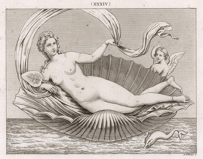 Венера (Афродита) в раковине. Высота 1 фут 10 дюймов, ширина 3 дюйма. Это изображение богини любви Венеры (Афродиты) найдено в 1762 г. в Граньяно. Богиню сопровождают Купидон (Амур) и дельфин. В её руке - лист кувшинки.