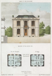 Загородный дом с низкой крышей, украшенной вазонами в неоклассическом стиле (из популярного у парижских архитекторов 1880-х Nouvelles maisons de campagne...)