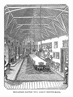 Обеденный зал замка Малахайд под Дублином, населённого привидениями, родового владения баронов Толбот, в котором квартировал Оливер Кромвель (1599 -- 1658 гг.) во время осады Дублина (The Illustrated London News №106 от 11/05/1844 г.)