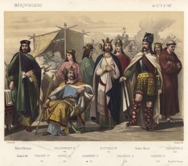 Короли династии Меровингов: Хлодвиг III (675 — 676), Пипин Геристальский - франкский майордом (ок. 679 — 714); Хильдеберт III (695 — 711); Хлотарь IV (717 — 719); Хильдерик III (743 — 751)