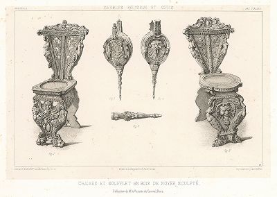 Резные итальянские стулья и мехи, XVI век. Meubles religieux et civils..., Париж, 1864-74 гг. 