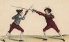 Испанская стойка, побеждённая после показа удара лезвием клинка (лист 44 знаменитого учебника по фехтованию Доменико Анджело, изданного в 1763 году в Лондоне). Репринт 1968 года.