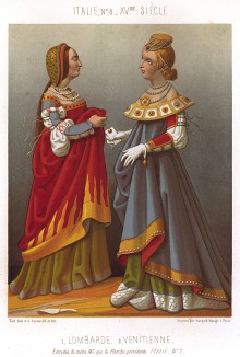 Знатные дамы XV века из Ломбардии и Венеции с великолепными причёсками (из Les arts somptuaires... Париж. 1858 год)