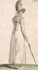 Белое платье с поясом в красный горошек, а также соломенная шляпка, украшенная веточкой розмарина. Из первого французского журнала мод эпохи ампир Journal des dames et des modes, Париж, 1813. Модель № 1332