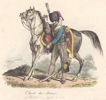 Конный артиллерист Великой армии Наполеона I и его арденнская лошадь. Редкая литография Карла Верне. Лондон, 1820