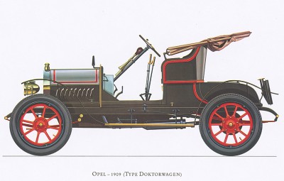 Автомобиль Opel (Type Doktorwagen), модель 1909 года. Из американского альбома Old cars 60-х гг. XX в.