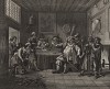 Фальстаф, осматривающий рекрутов. Гравюра с картины Хогарта (1728). Фальстаф, комический персонаж Шекспира, изображен в момент набора рекрутов. На пороге хорошо одетый юноша. Его отец, подкупив Фальстафа, избавляет сына от армии. Геттинген, 1854