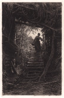 Крестьянка, сходящая с лестницы (1875 год). Лист № 10 из альбома "60 офортов И.И.Шишкина 1870-1892", Санкт-Петербург, 1894. 