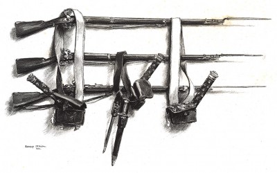 Аллегорическая заставка, предваряющая главу "История пехоты" известной работы Types et uniformes. L'armée françáise par Éduard Detaille, изданной в Париже в 1889 году