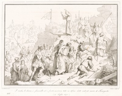 30 июля 1571 года. Жители Фамагусты встают на защиту своего города от турецкой армии. Storia Veneta, л.110. Венеция, 1864