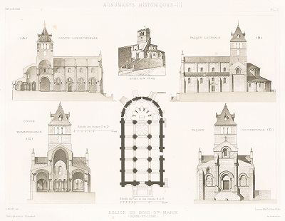 Церковь  Буа-Сент-Мари в Сона и Луаре (XI век). Archives de la Commission des monuments historiques, т.3, Париж, 1898-1903. 