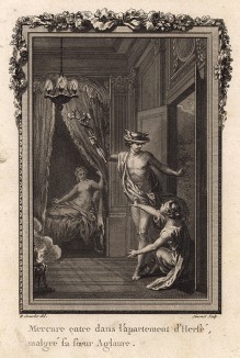 Гермес превращает в камень Аглавру -- сестру его возлюбленной Герсы из-за того, что та не пускает его из ревности (гравюра из первого тома знаменитой поэмы "Метаморфозы" древнеримского поэта Публия Овидия Назона. Париж, 1767 год)