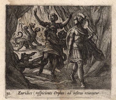 Орфей выводит Эвридику из царства мертвых. Гравировал Антонио Темпеста для своей знаменитой серии "Метаморфозы" Овидия, л.91. Амстердам, 1606