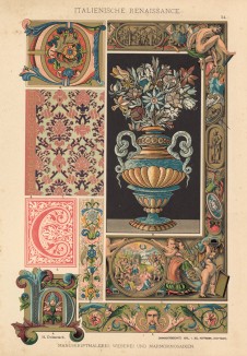 Итальянские гобелены, мраморные мозаики и буквицы из манускриптов эпохи Возрождения (лист 54 альбома "Сокровищница орнаментов...", изданного в Штутгарте в 1889 году)