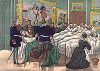 Франко-прусская война 1870-71 гг. Кайзер Вильгельм I навещает раненых немецких солдат в Версале. Редкая немецкая литография