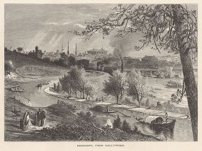 Вид на Ричмонд и реку Джеймс-ривер с Голливудских холмов, штат Вирджиния. Лист из издания "Picturesque America", т.I, Нью-Йорк, 1872.