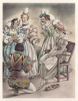 Примерка туфельки. Иллюстрация Умберто Брунеллески к сказке Шарля Перро "Золушка". Париж, 1946 год