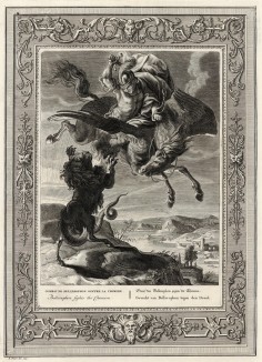 Беллерофонт убивает Химеру (лист известной работы "Храм муз", изданной в Амстердаме в 1733 году)