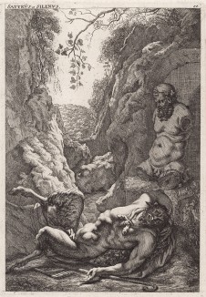 Сатир и Силен, сын Меркурия, воспитатель и постоянный спутник Вакха, весёлый, вечно пьяный, тучный, курносый старик. Satyrus et Silenus, 1680 год. 