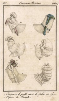 Головные газовые косынки фишю, накинутые поверх соломенных шляпок, а также перкалевые капоры. Из первого французского журнала мод эпохи ампир Journal des dames et des modes, Париж, 1813. Модель № 1340