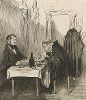 Кафе d'Aguesseau. Демосфен с удовольствием обедает за счет клиента в ожидании слушаний. Известно, что стейк значительно усиливает его красноречие в суде. Литография Оноре Домье из серии "Les Gens de justice", 1845-48 гг. 