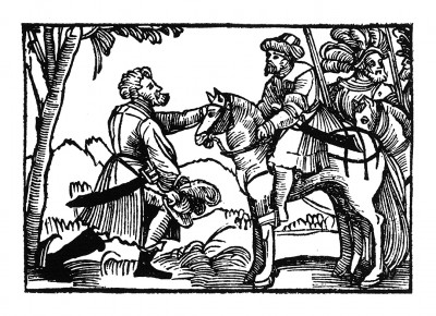 Офферус поступает на службу к королю. Из "Жития Святого Христофора" (S. Christops Geburt und Leben) неизвестного немецкого мастера. Издал Johann Weyssenburger, Ландсхут, 1520. 