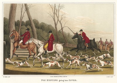 Английские джентльмены отправляются со своими гончими на лисью охоту. The National Sports of Great Britain by Henry Alken. Лондон, 1903