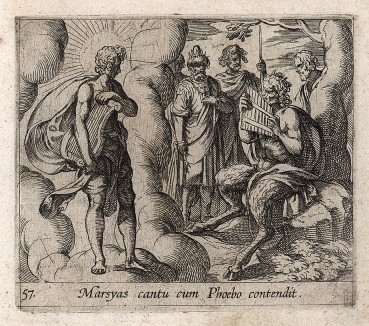 Сатир Марсий состязается в пении с богом солнца Аполлоном. Гравировал Антонио Темпеста для своей знаменитой серии "Метаморфозы" Овидия, л.57. Амстердам, 1606