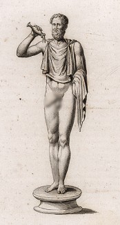Статуэтка из бронзы. Высота изображения соответствует оригиналу. «Атлет Венеры»: старик, чья левая рука прикрыта хламидой на манер древнегреческих атлетов, омывает фаллос возбуждающей жидкостью. Фигурка имела культовое значение.